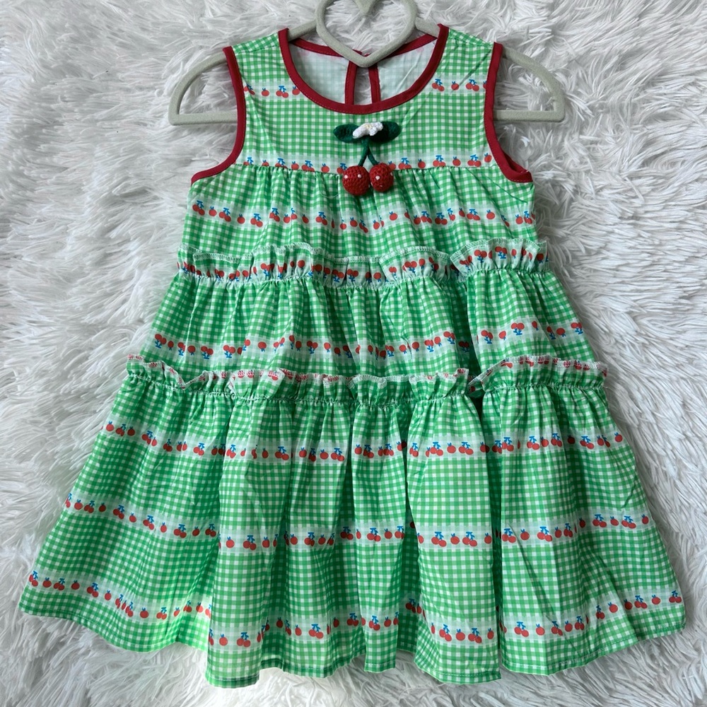 NWOT Girls Cottagecore Y2K Sweetheart Tiered Gingham Red Cherry Sundress Size 2T